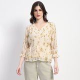 Women's Beige Casual Regular Fit Printed Three Quarter Sleeves Top