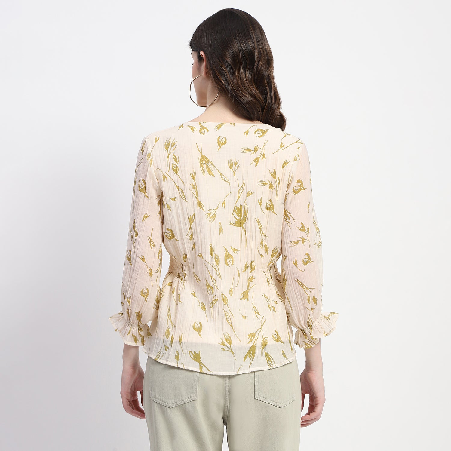 Women's Beige Casual Regular Fit Printed Three Quarter Sleeves Top