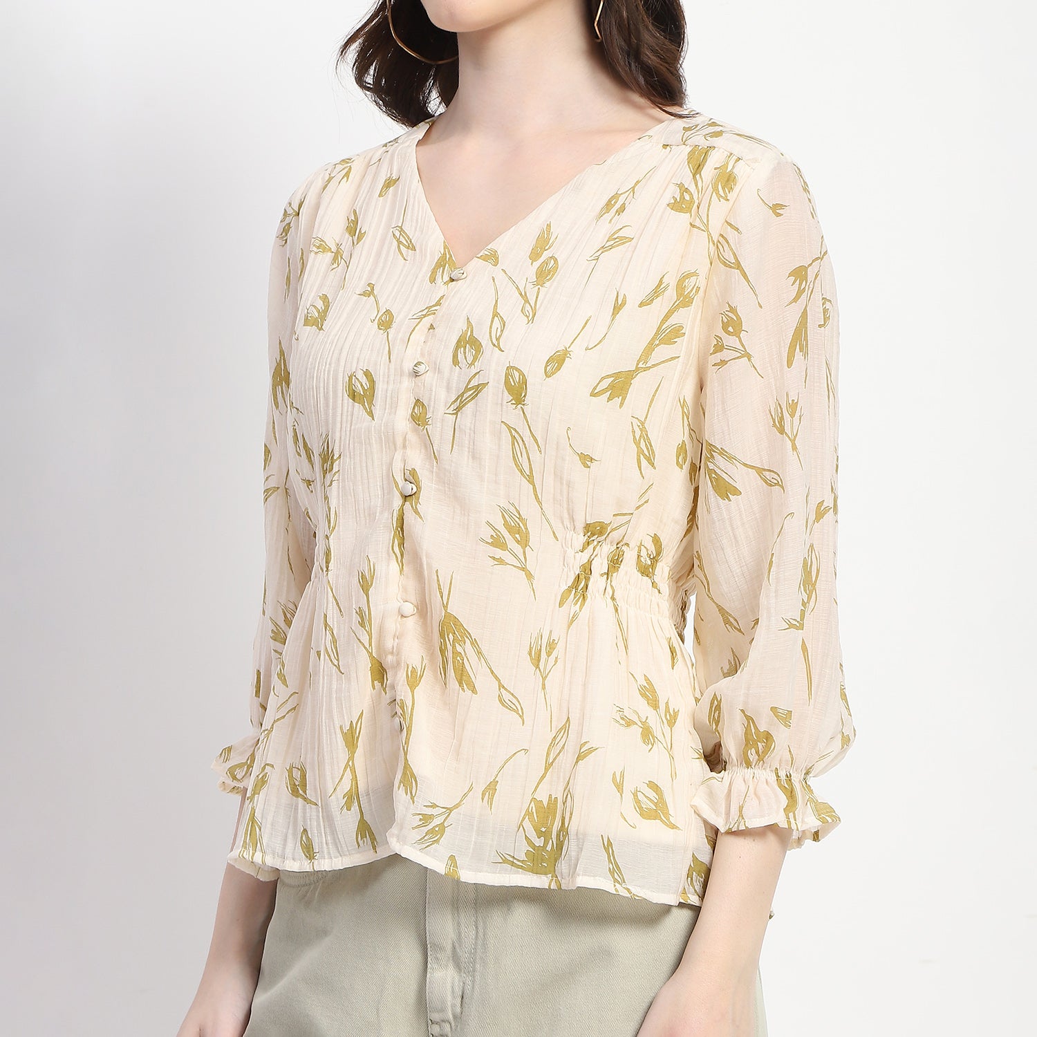 Women's Beige Casual Regular Fit Printed Three Quarter Sleeves Top