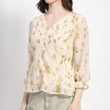Women's Beige Casual Regular Fit Printed Three Quarter Sleeves Top