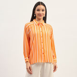 Women's Orange Casual Regular Fit Striped Full Sleeves Shirt