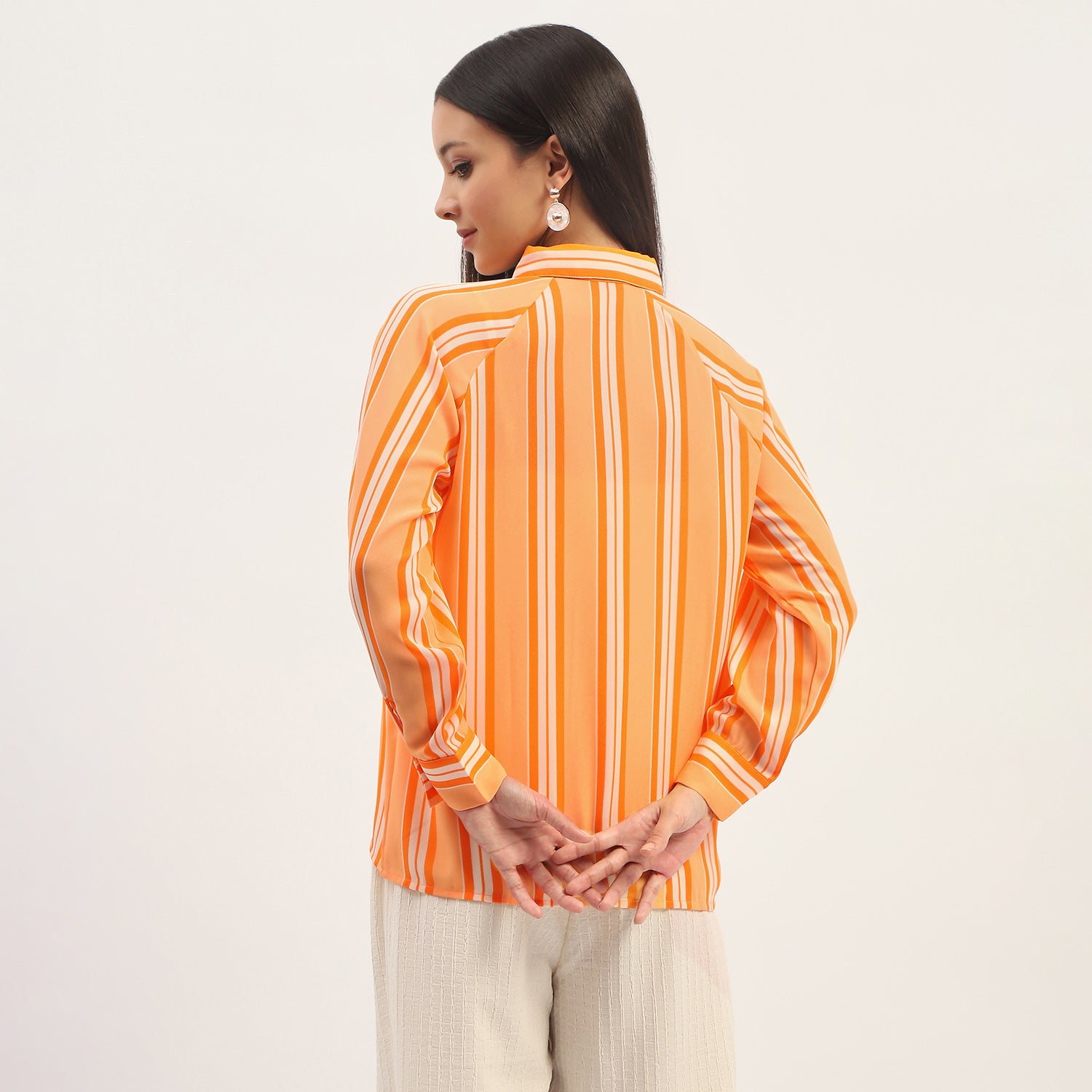 Women's Orange Casual Regular Fit Striped Full Sleeves Shirt