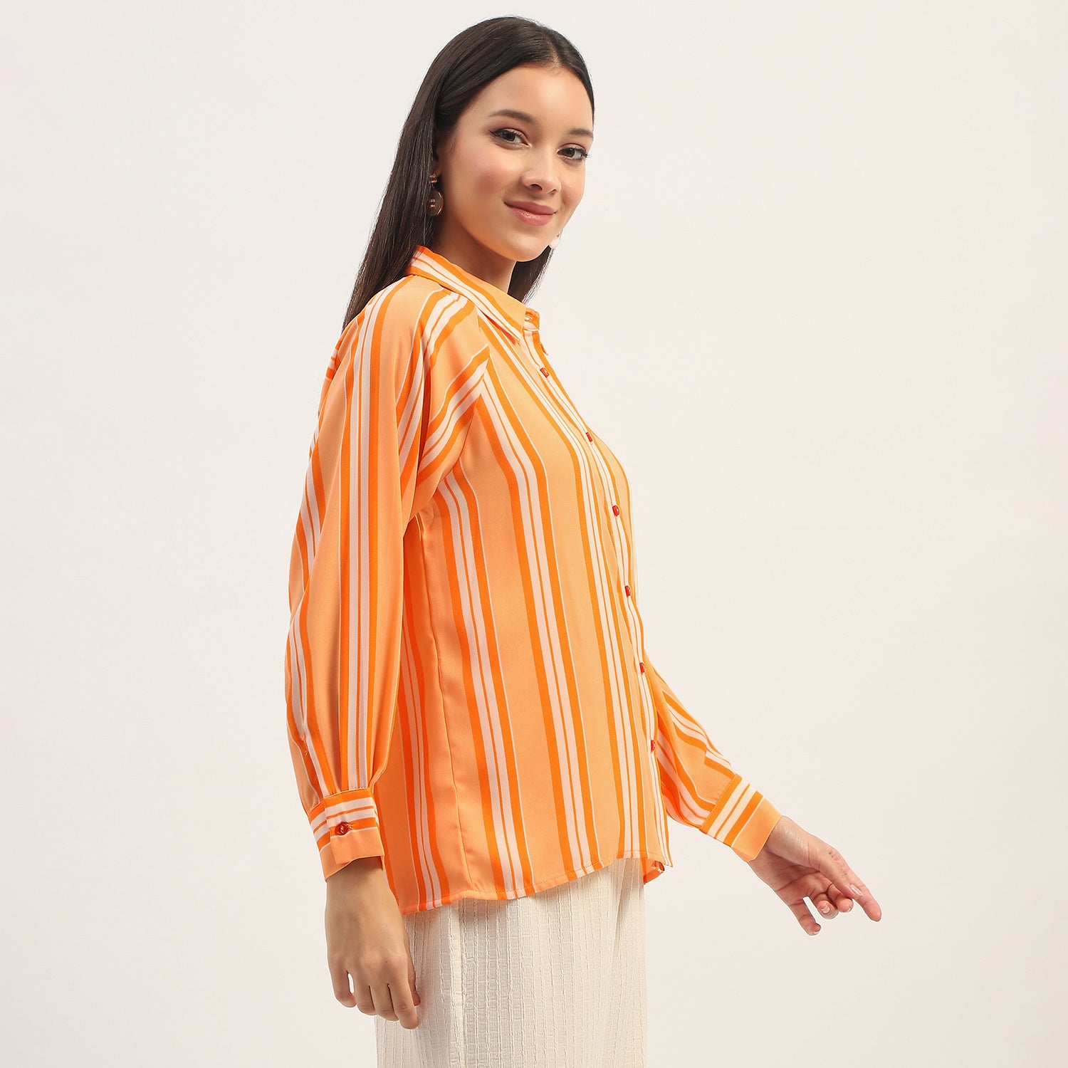 Women's Orange Casual Regular Fit Striped Full Sleeves Shirt