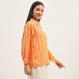 Women's Orange Casual Regular Fit Striped Full Sleeves Shirt