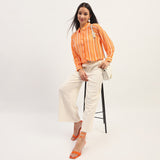 Women's Orange Casual Regular Fit Striped Full Sleeves Shirt