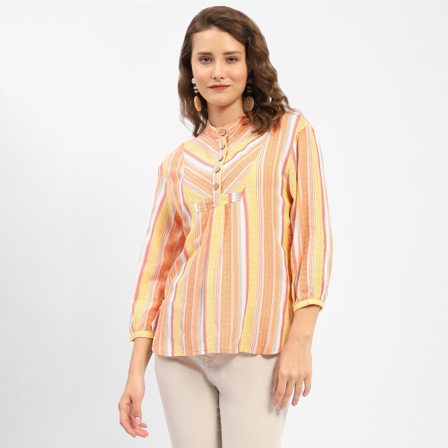 Women's Orange Casual Regular Fit Striped Three Quarter Sleeves Shirt