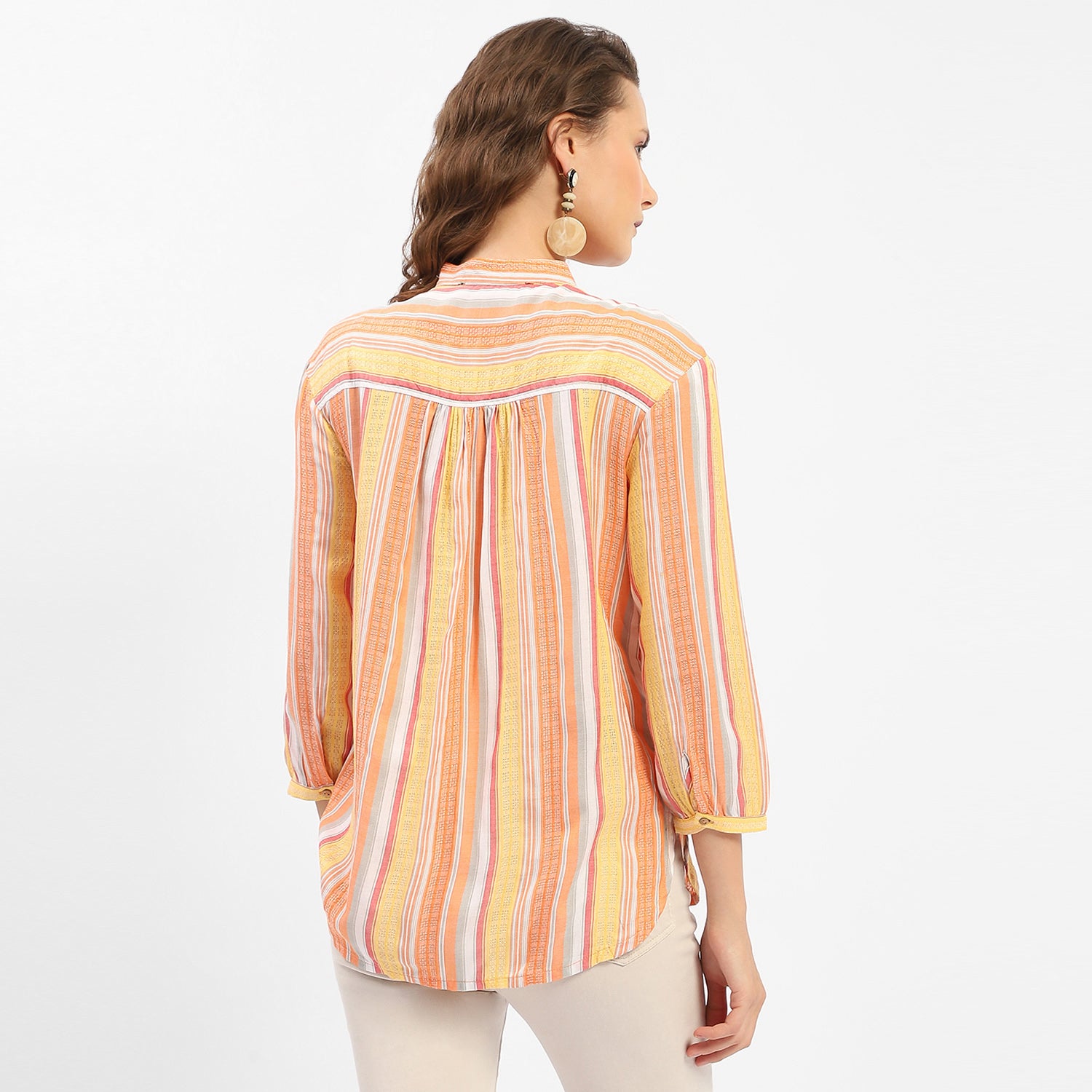 Women's Orange Casual Regular Fit Striped Three Quarter Sleeves Shirt