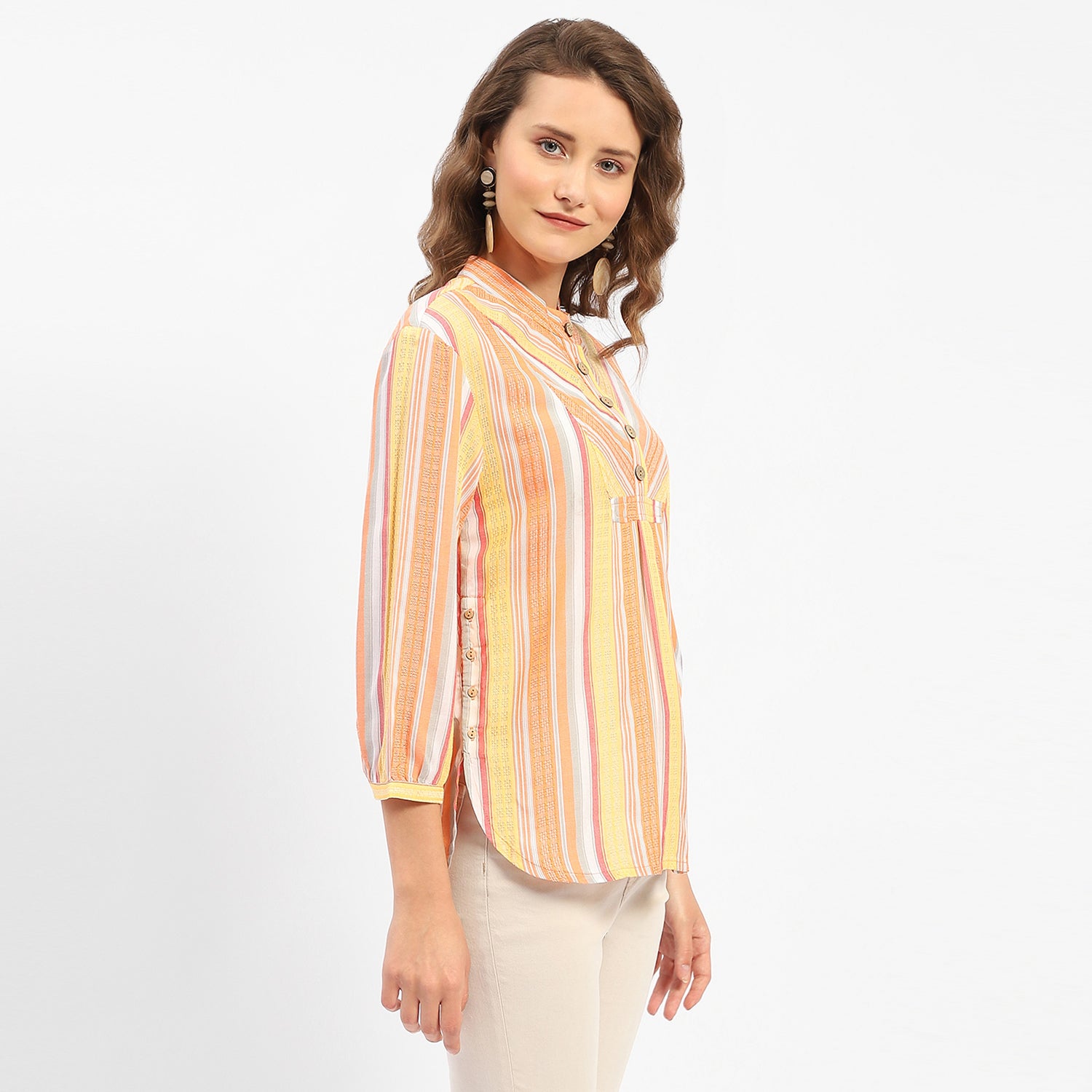 Women's Orange Casual Regular Fit Striped Three Quarter Sleeves Shirt