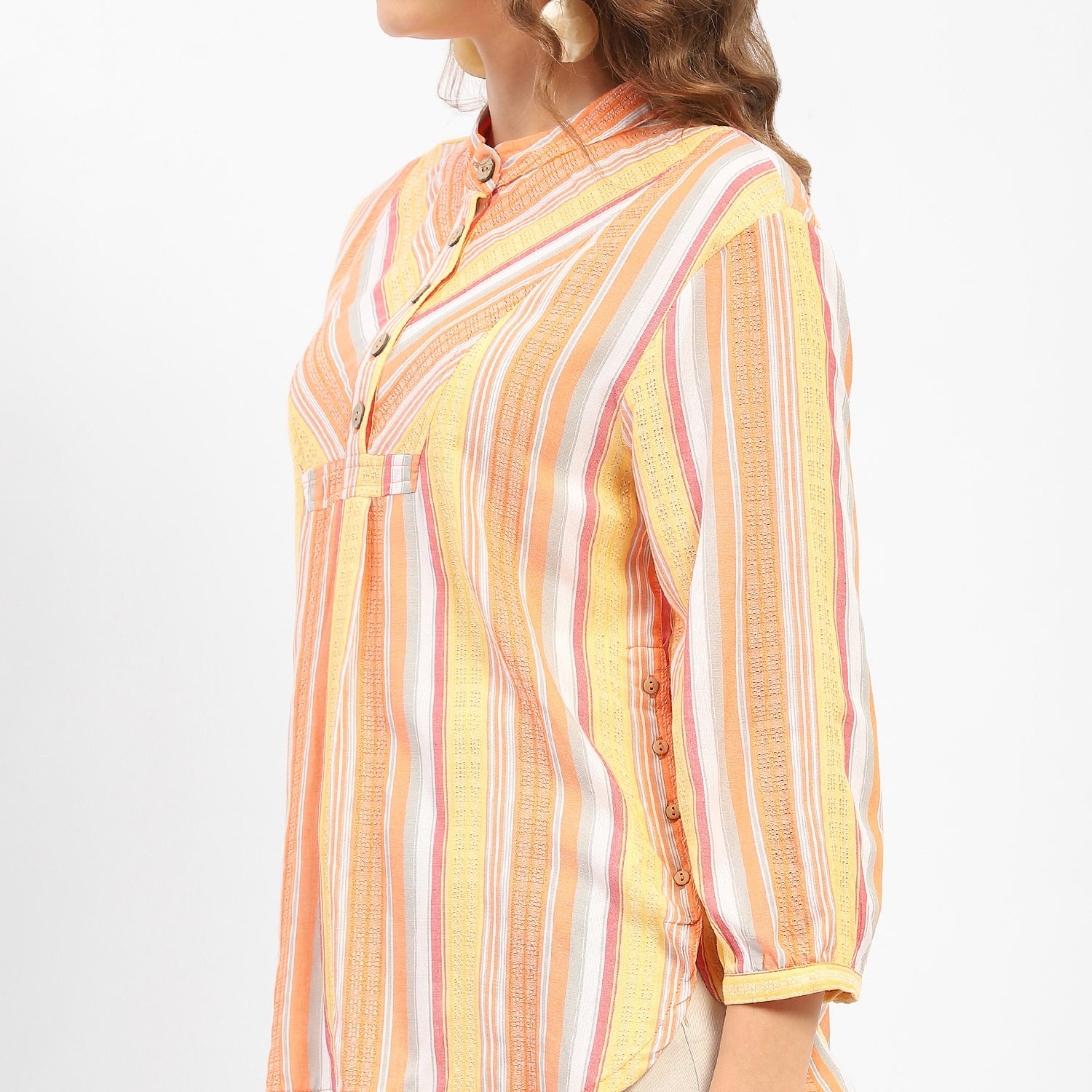 Women's Orange Casual Regular Fit Striped Three Quarter Sleeves Shirt