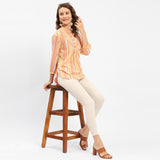 Women's Orange Casual Regular Fit Striped Three Quarter Sleeves Shirt