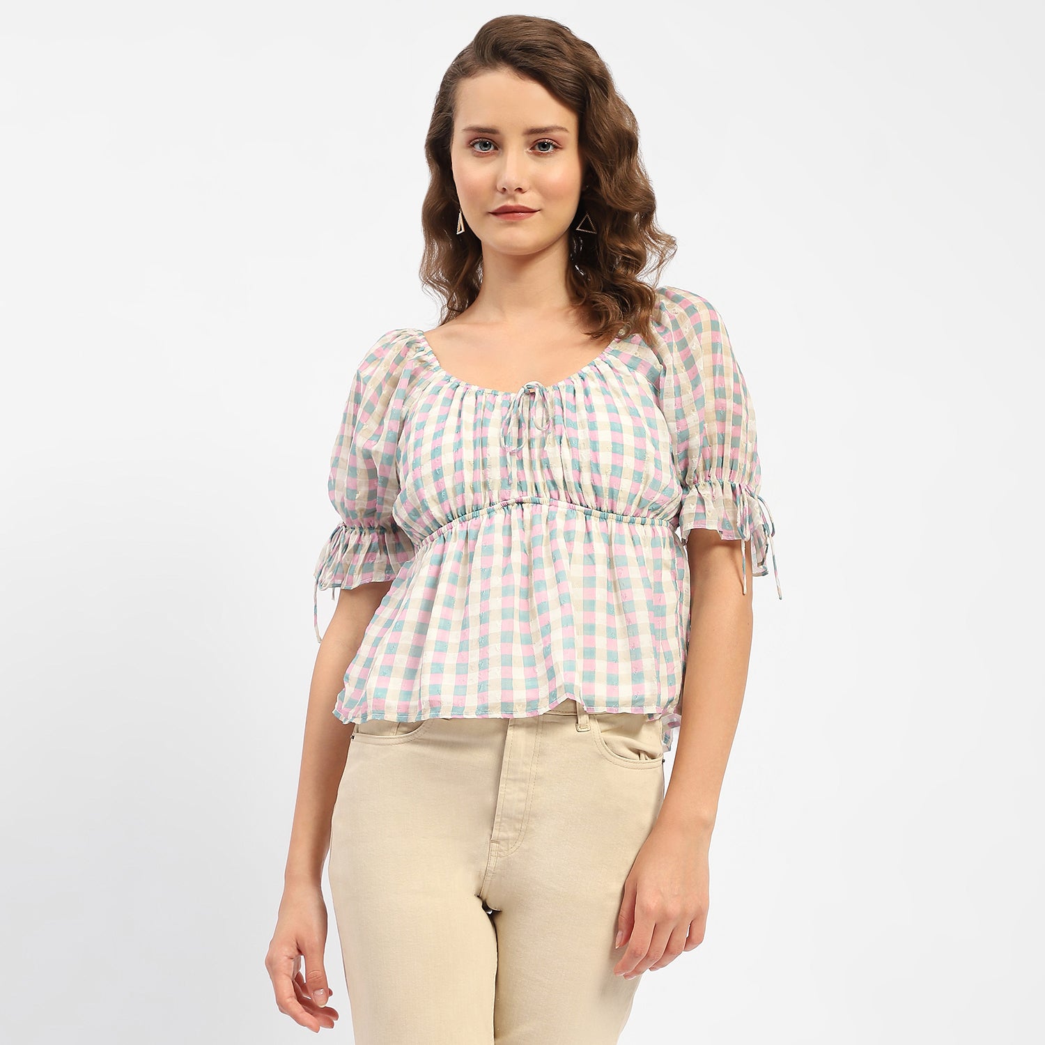 Women's Pink Casual Regular Fit Checked Half Sleeves Top
