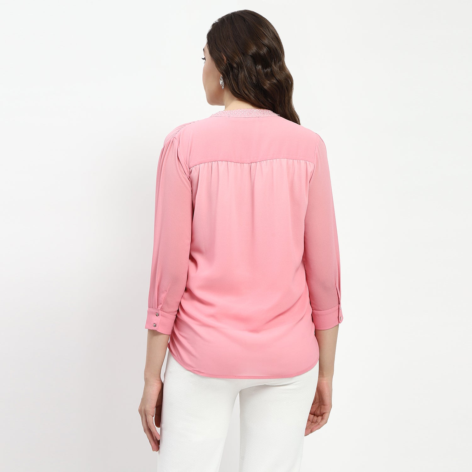 Women's Pink Casual Regular Fit Solid Three Quarter Sleeves