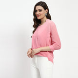 Women's Pink Casual Regular Fit Solid Three Quarter Sleeves