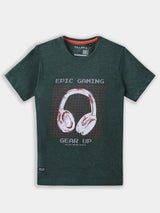 Boys Green Casual Slim Fit Graphic Half Sleeves Tshirt