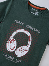 Boys Green Casual Slim Fit Graphic Half Sleeves Tshirt