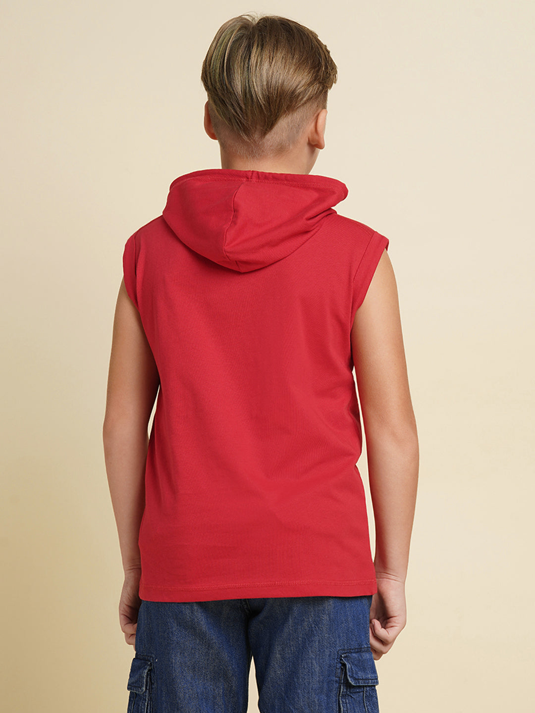 Boys Red Casual Regular Fit Sleeveless Tshirt