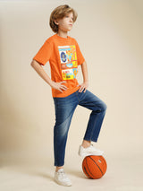 Boys Orange Casual Oversized Fit Tshirt