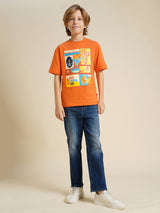 Boys Orange Casual Oversized Fit Tshirt