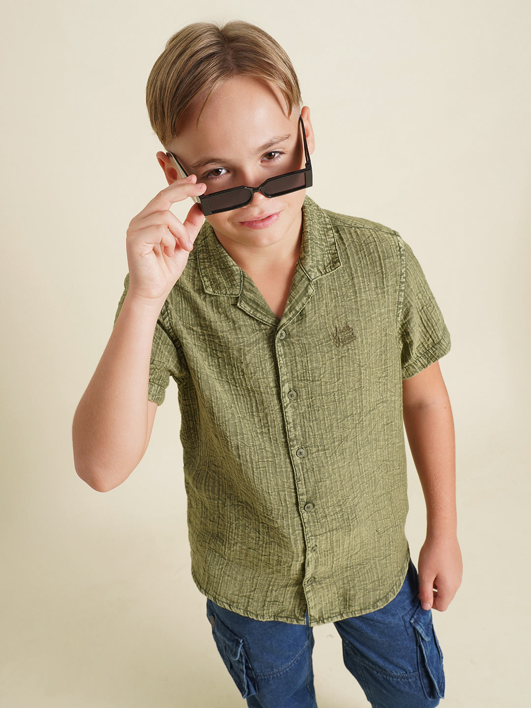 Boys Olive Casual Regular Fit Shirt