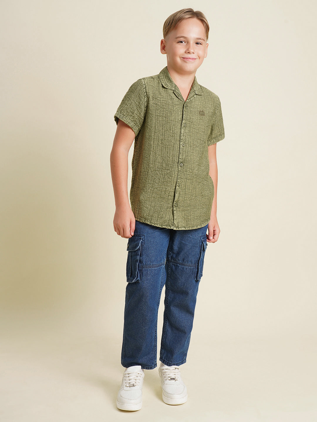 Boys Olive Casual Regular Fit Shirt