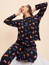 Women's Black Everyday Regular Fit Printed Full Sleeves Night Suits