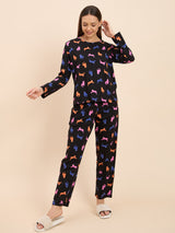 Women's Black Everyday Regular Fit Printed Full Sleeves Night Suits