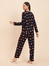 Women's Black Everyday Regular Fit Printed Full Sleeves Night Suits