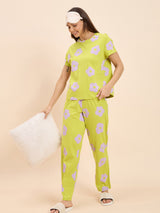 Women's Yellow Everyday Regular Fit Printed Half Sleeves Night Suits