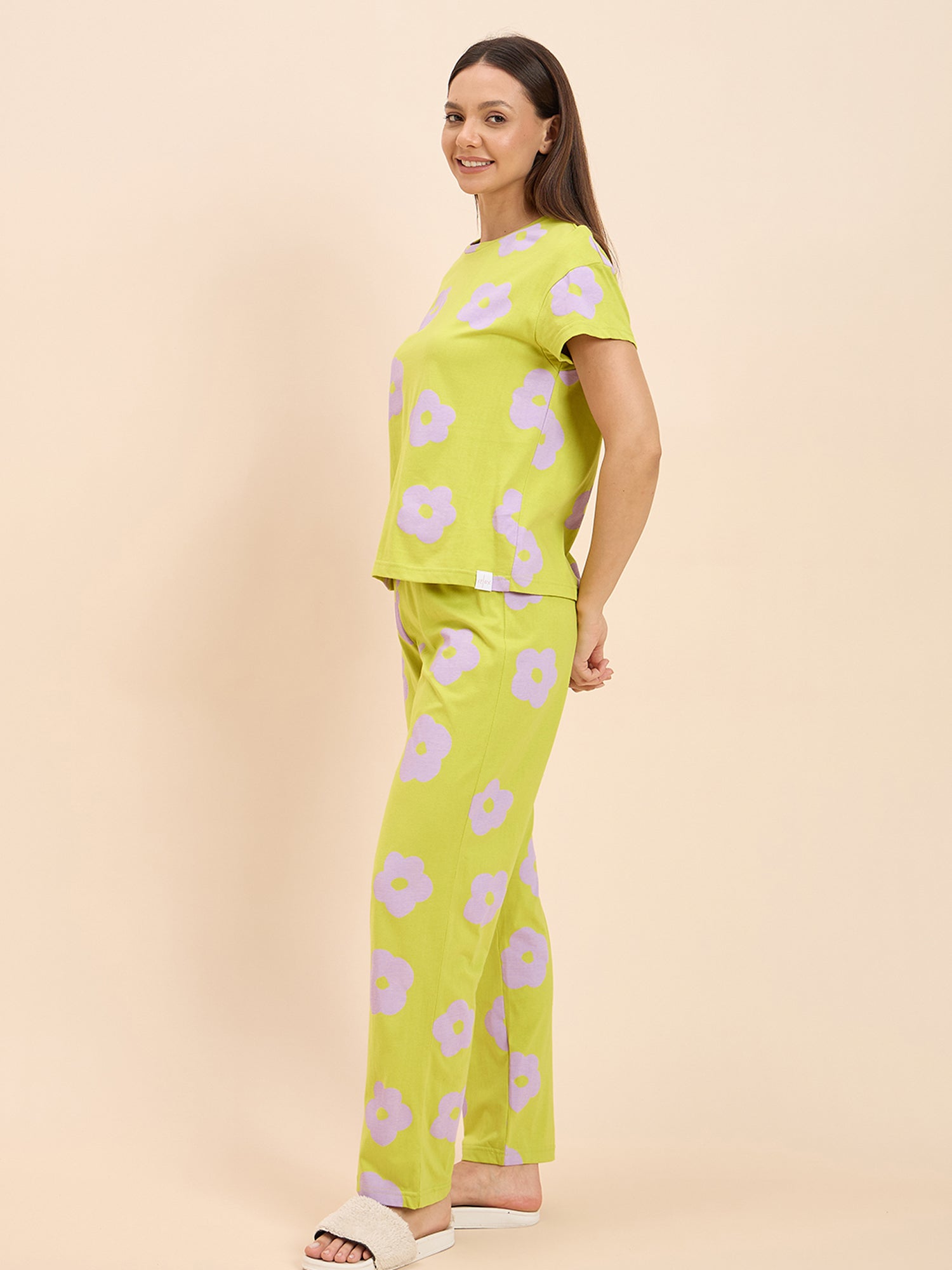 Women's Yellow Everyday Regular Fit Printed Half Sleeves Night Suits