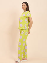 Women's Yellow Everyday Regular Fit Printed Half Sleeves Night Suits
