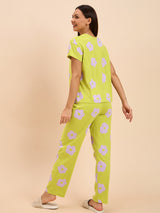 Women's Yellow Everyday Regular Fit Printed Half Sleeves Night Suits