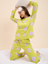 Women's Yellow Everyday Regular Fit Printed Full Sleeves Night Suits