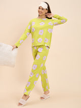Women's Yellow Everyday Regular Fit Printed Full Sleeves Night Suits