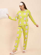 Women's Yellow Everyday Regular Fit Printed Full Sleeves Night Suits