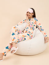Women's Beige Everyday Regular Fit Printed Full Sleeves Night Suits