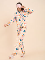 Women's Beige Everyday Regular Fit Printed Full Sleeves Night Suits
