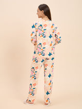 Women's Beige Everyday Regular Fit Printed Full Sleeves Night Suits
