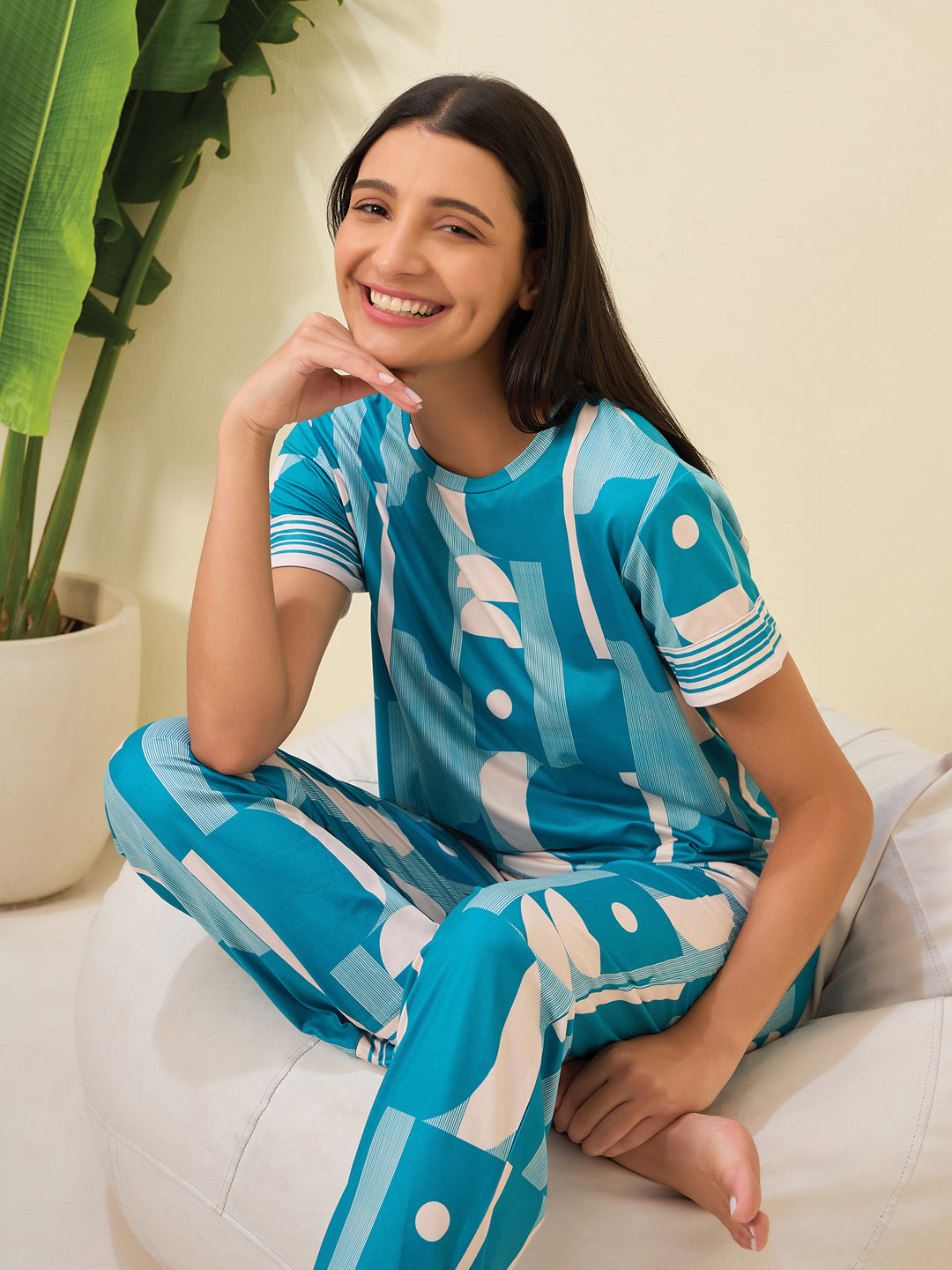 Women's Blue Everyday Regular Fit Printed Half Sleeves Night Suits