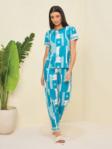 Women's Blue Everyday Regular Fit Printed Half Sleeves Night Suits