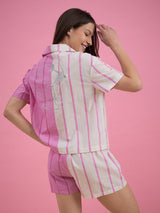 Women's Pink Everyday Regular Fit Striped Half Sleeves Night Suits