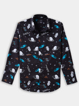Boys Black Casual Full Sleeves Printed Twill Shirt