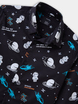 Boys Black Casual Full Sleeves Printed Twill Shirt