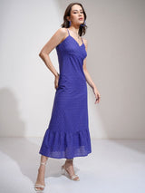 Women's Blue Ethnic Self-Design Regular Fit Sleeveless Dress