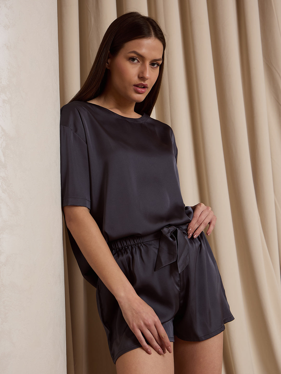 Women's Grey Everyday Regular Fit Solid Half Sleeves Night Suits