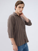 Men's Olive Cotton Blend Striped Slim Fit Full Sleeves Casual Shirt