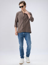 Men's Olive Cotton Blend Striped Slim Fit Full Sleeves Casual Shirt