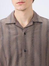 Men's Olive Cotton Blend Striped Slim Fit Full Sleeves Casual Shirt
