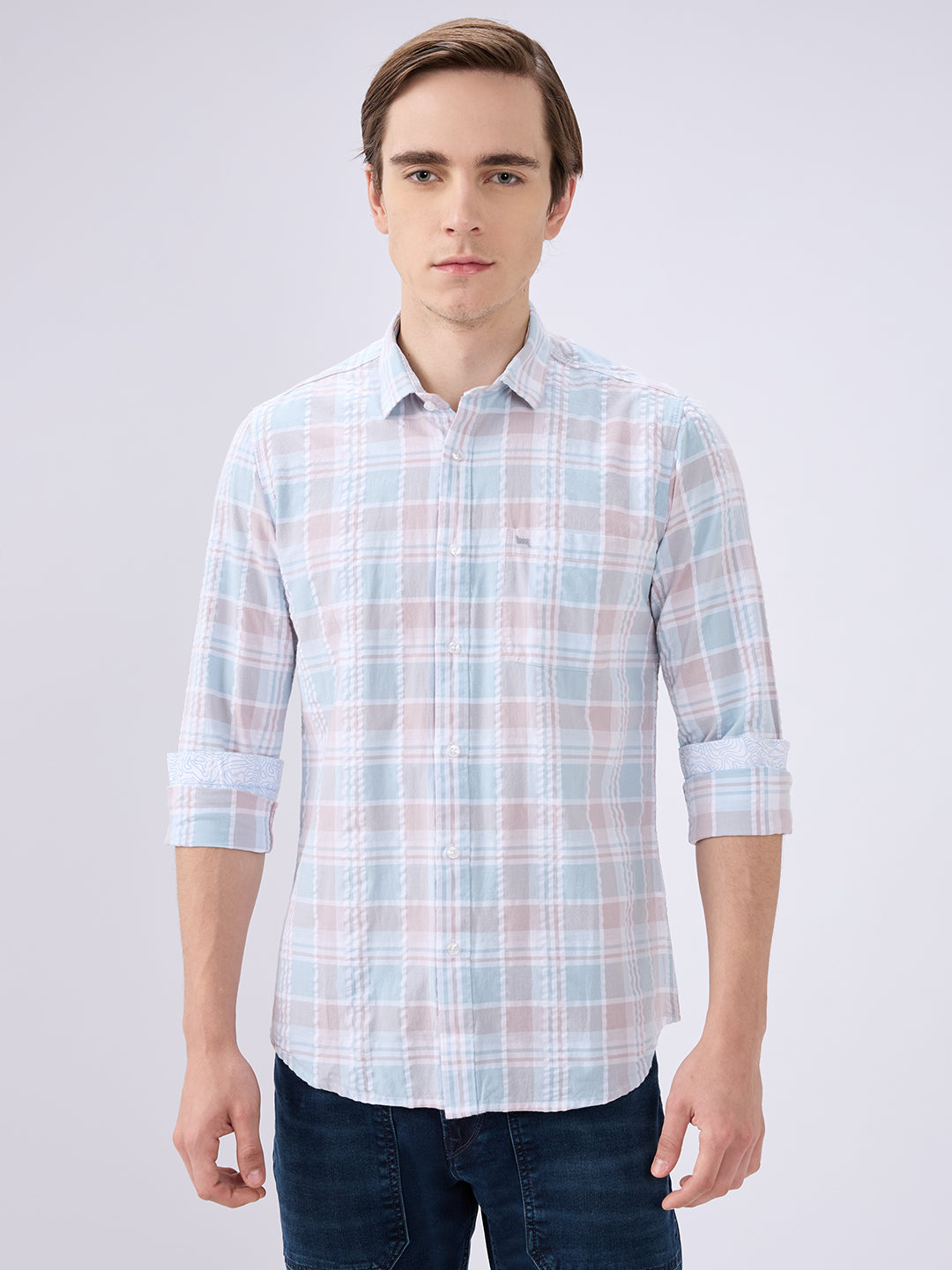 Men's Green Cotton Blended Checked Slim Fit Full Sleeves Casual Shirt