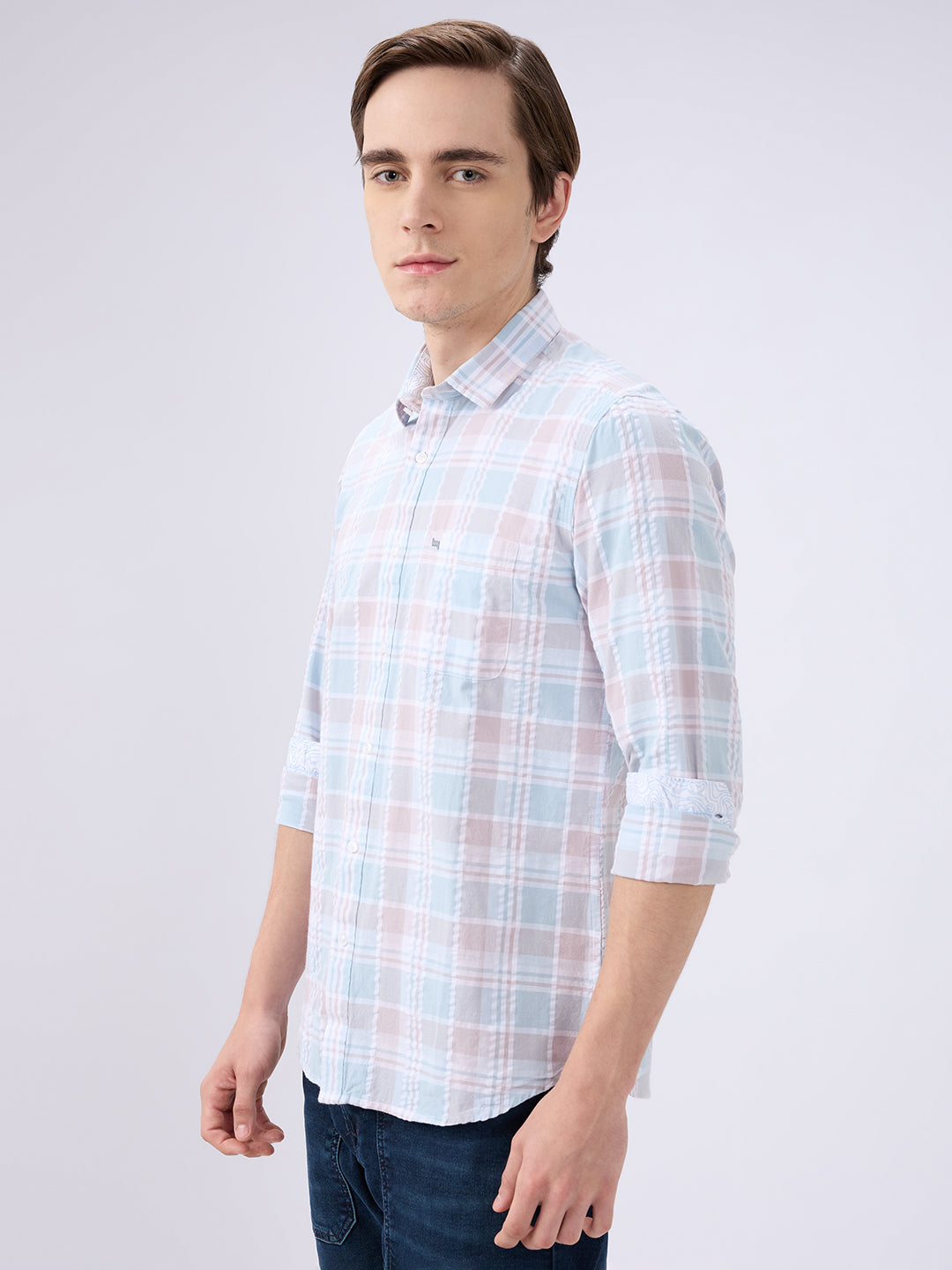 Men's Green Cotton Blended Checked Slim Fit Full Sleeves Casual Shirt