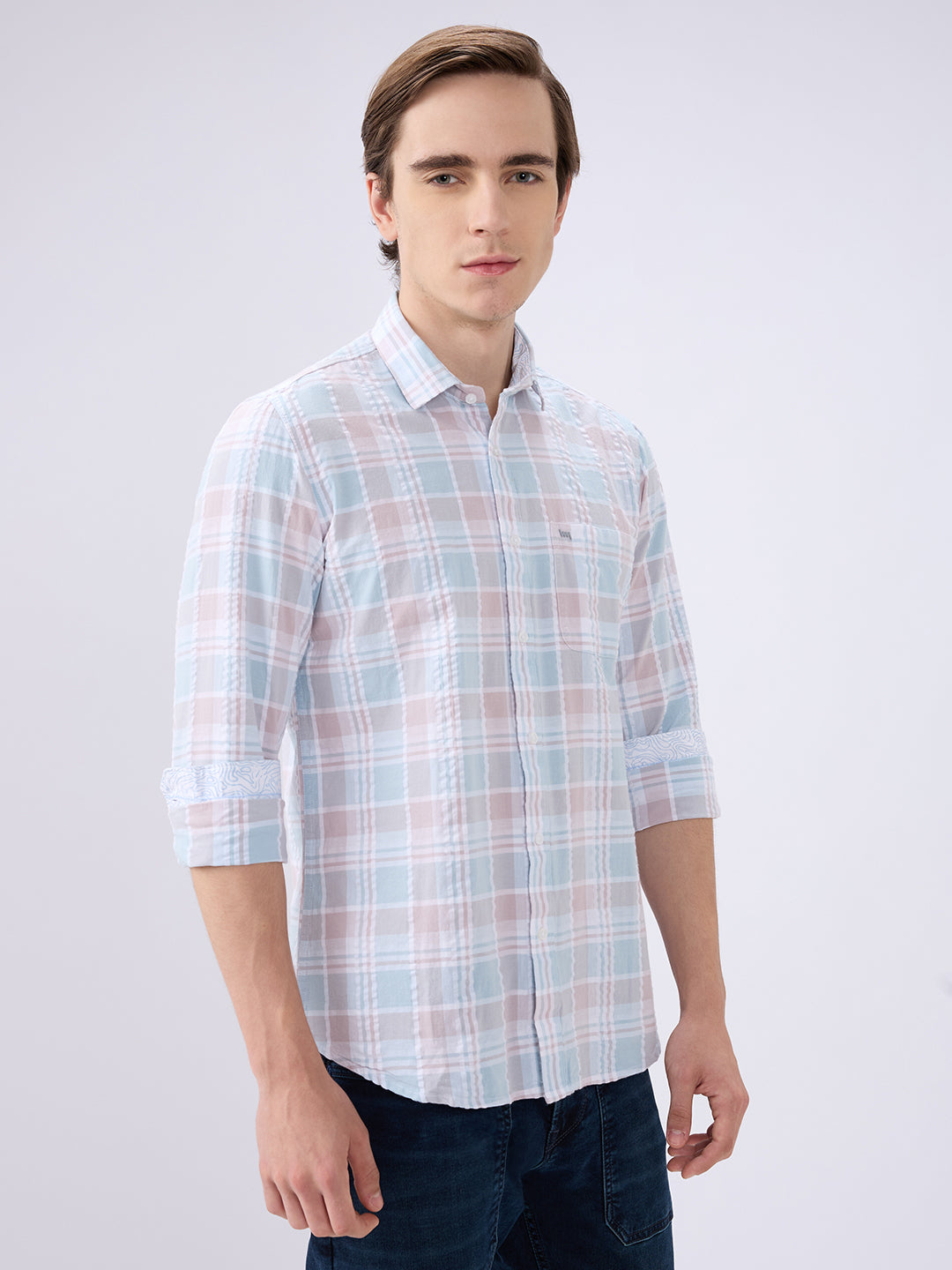 Men's Green Cotton Blended Checked Slim Fit Full Sleeves Casual Shirt